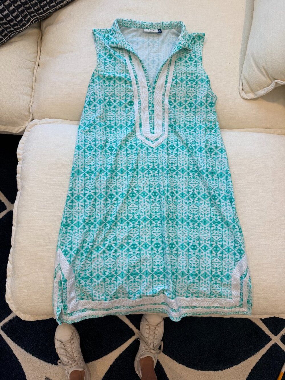 Cabana Life Aqua and White Sleeveless Printed Tunic Dress